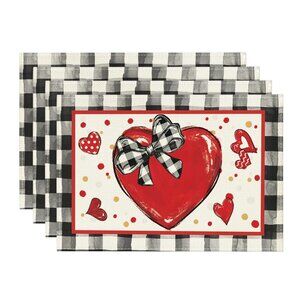 Buffalo Plaid Red Heart Valentine's Rectangular 4 Pcs, 12" x 18" Black/Beige